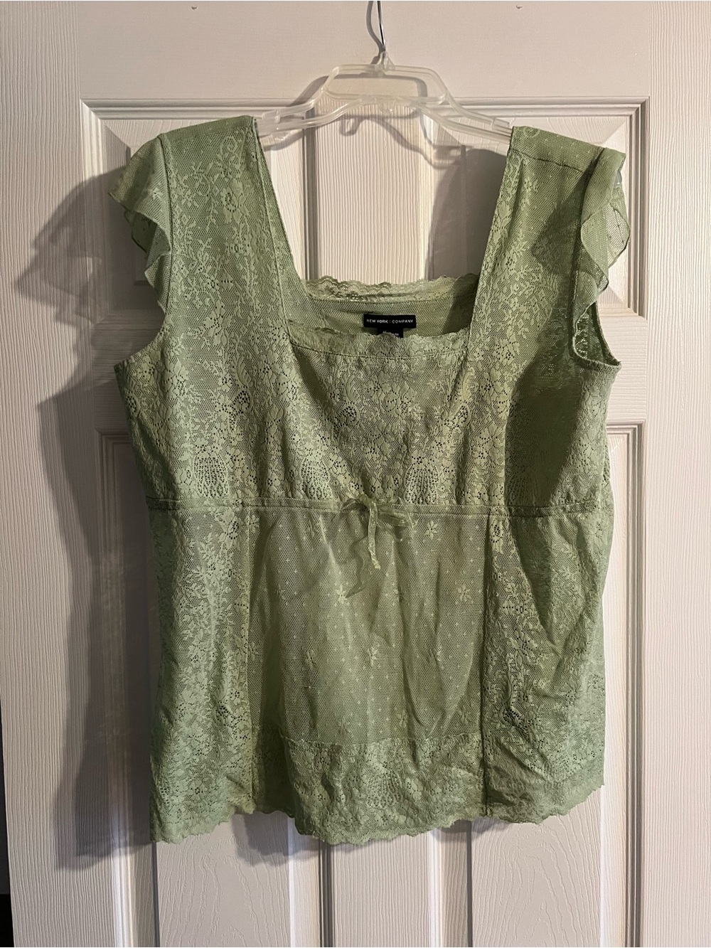 New York & Company Dainty Light Green Lace Cap-Sleeve Top Semi-Sheer